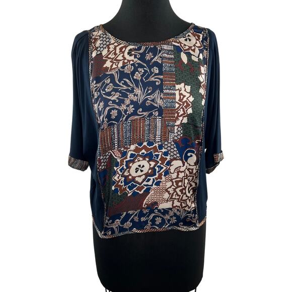 Anthro TINY Blue Top Stretch Floral Print Round Neck Half Sleeve Size X-Small XS - Picture 1 of 10